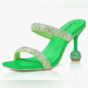 NEW 8- CAMSSOO Women's Rhinestones Heels Sandals Square Open Toe Strappy Slip On